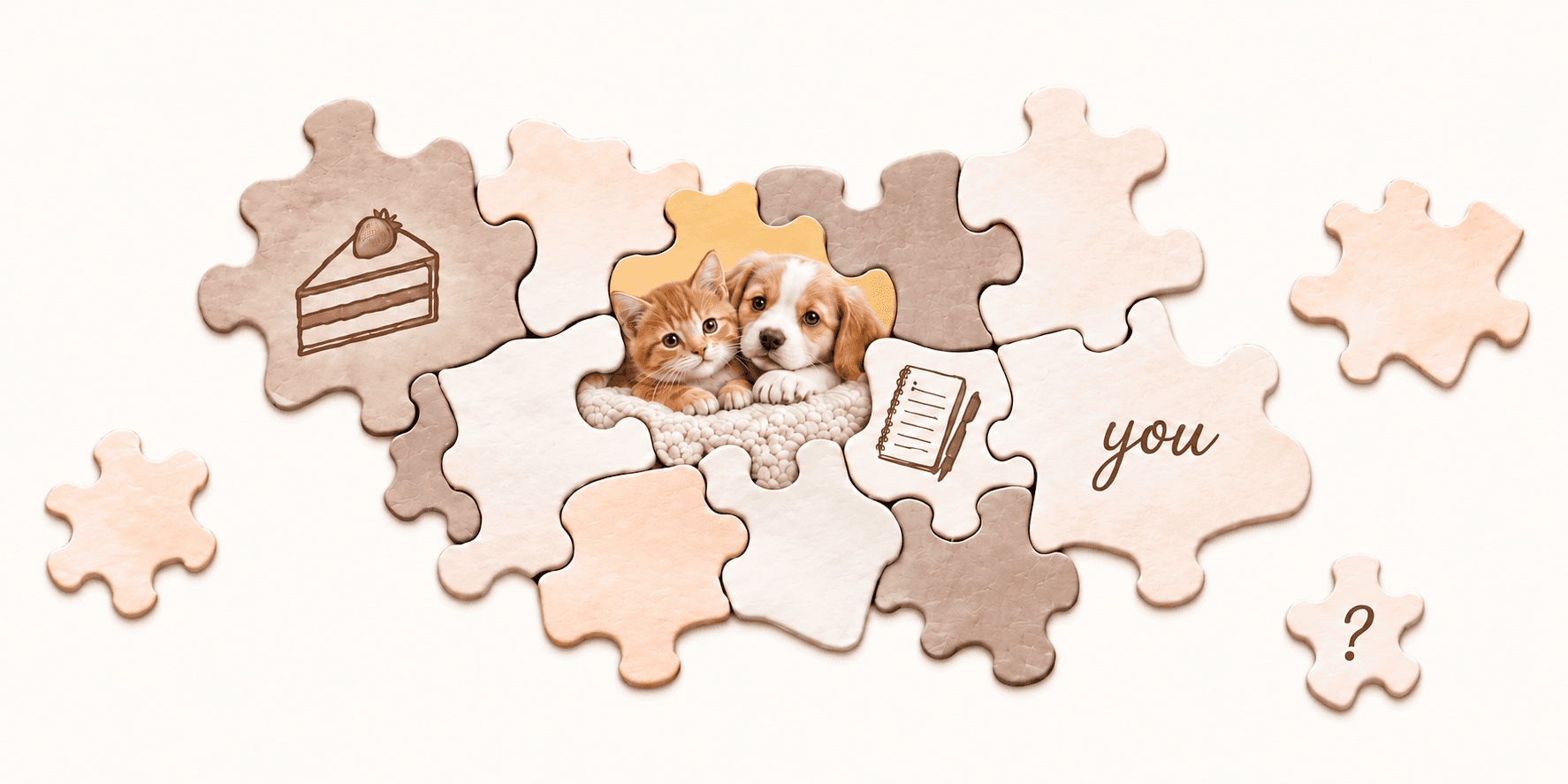 A cat and a dog resting together in a puzzle-shaped composition